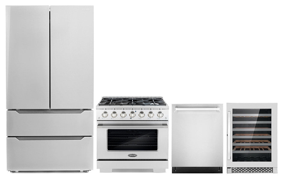 4-Piece, 36" Range, 24" Dishwasher, Refrigerator and 48 Bottle Wine Cooler