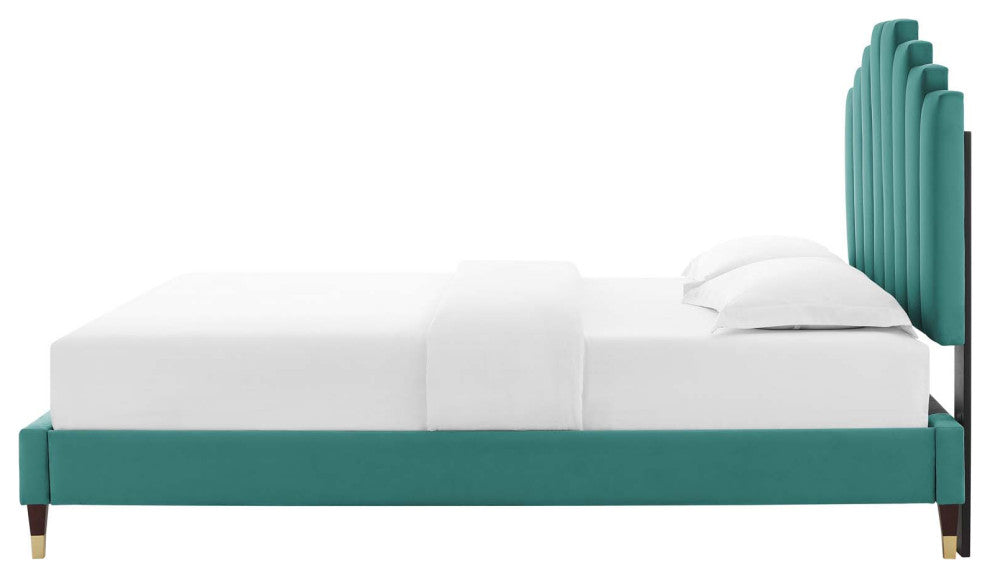 Platform Bed Frame, Full Size, Velvet, Teal Blue, Modern Contemporary, Bedroom