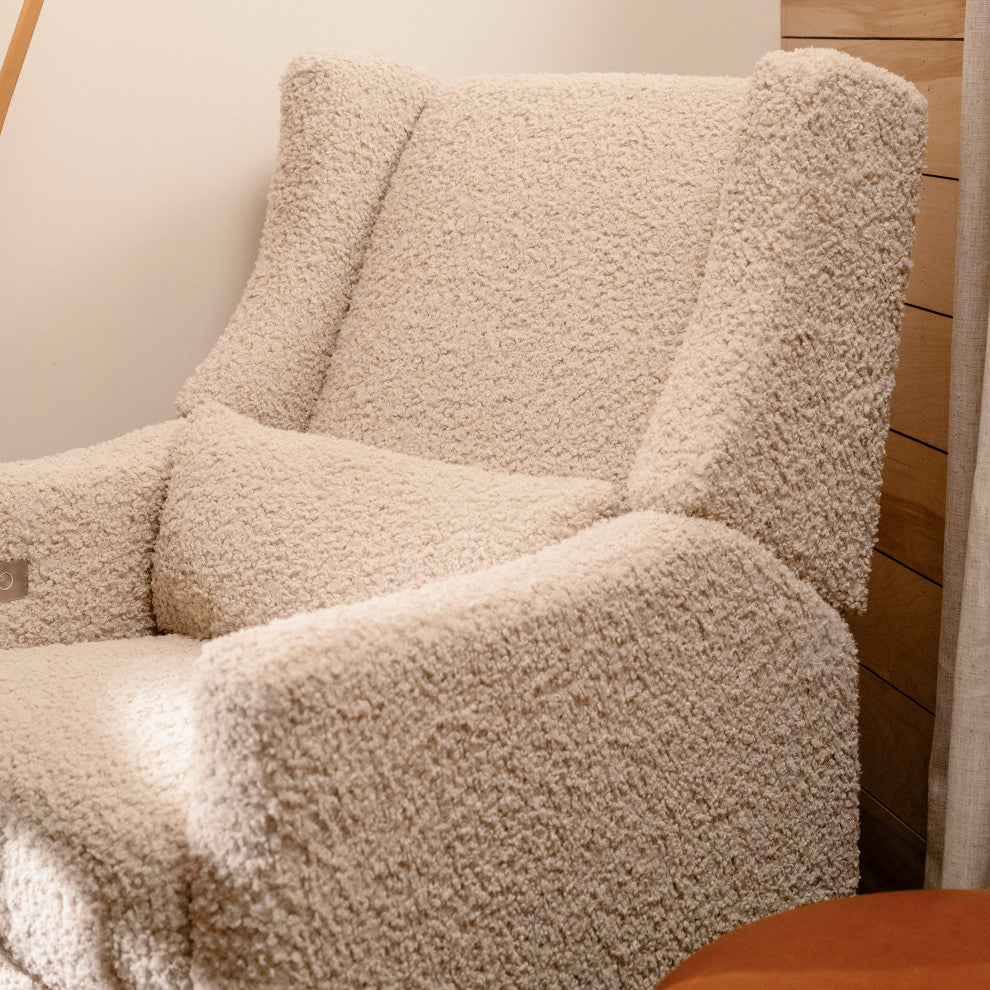 Kiwi Electronic Recliner and Swivel Glider With USB port, Almond Teddy Loop With Light Wood Base