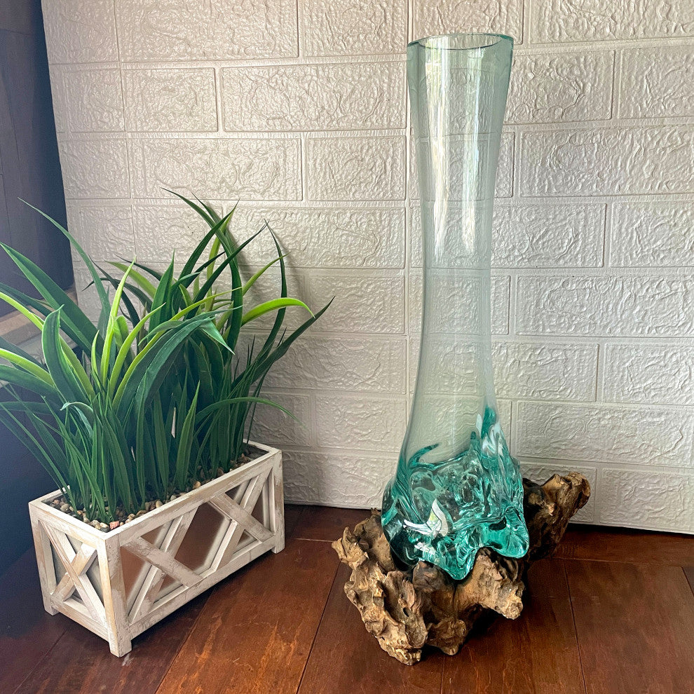 Glass On Teak Driftwood Molten Sculptural Bud Vase