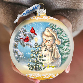 Glowing Snowman Lg Glass Ornament, Gold