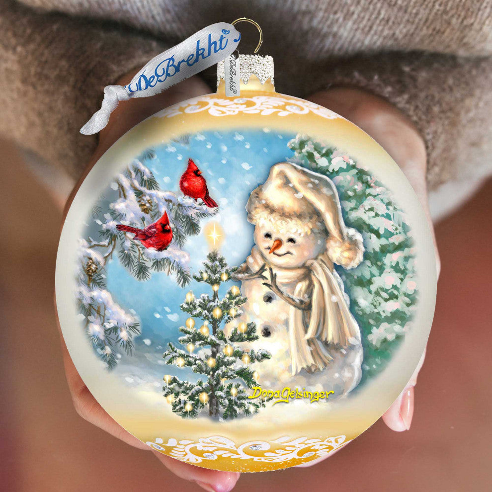 Glowing Snowman Lg Glass Ornament, Gold
