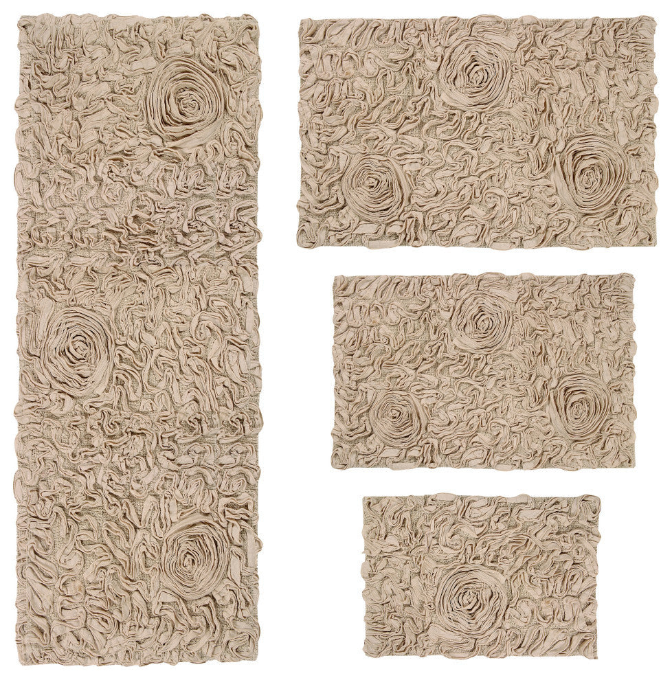 Bell Flower Collection Tufted Bath Rug, 4-Piece Set With Runner, Linen