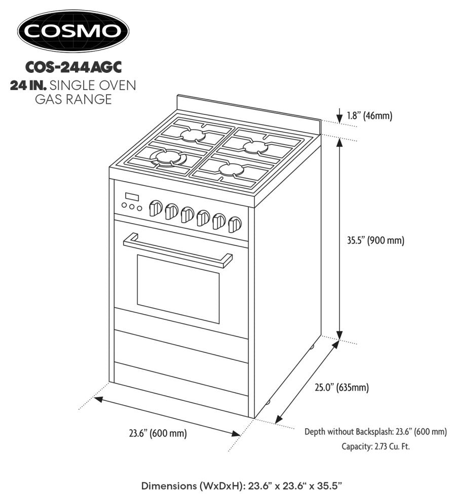 Cosmo 24" Slide-In Gas Range with 4 Burners and Rapid Convection Oven