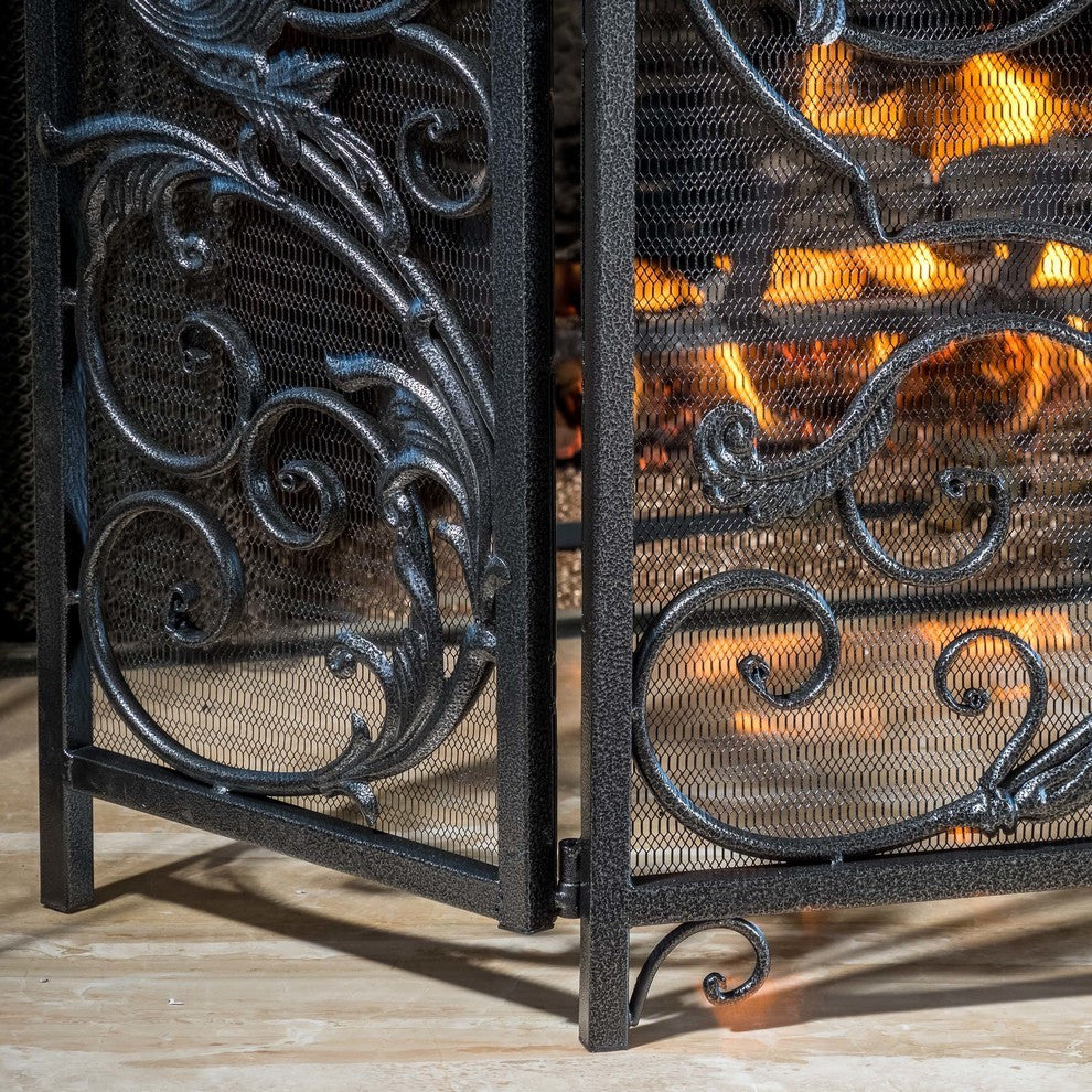 GDF Studio Mariella Floral Iron Fireplace Screen, Silver Finish