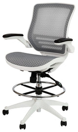 Mid-Back Transparent Mesh Drafting Chair with Flip-Up Arms, Gray Mesh/White Fram