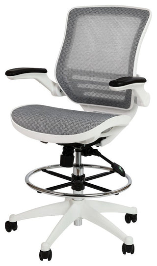 Mid-Back Transparent Mesh Drafting Chair with Flip-Up Arms, Gray Mesh/White Fram