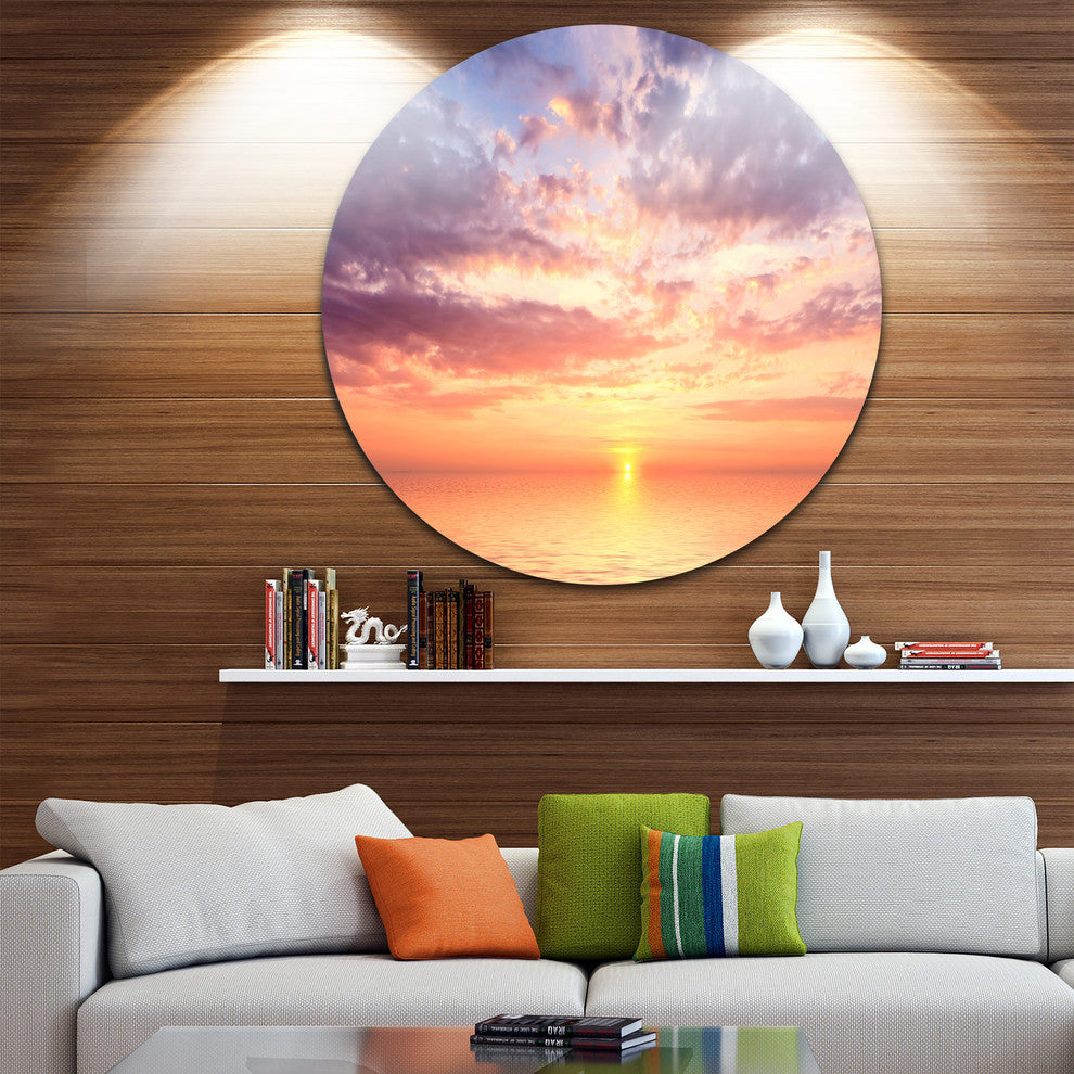 Cloudy Blue Sky And Ideal Sunset, Seascape Round Metal Wall Art, 38"