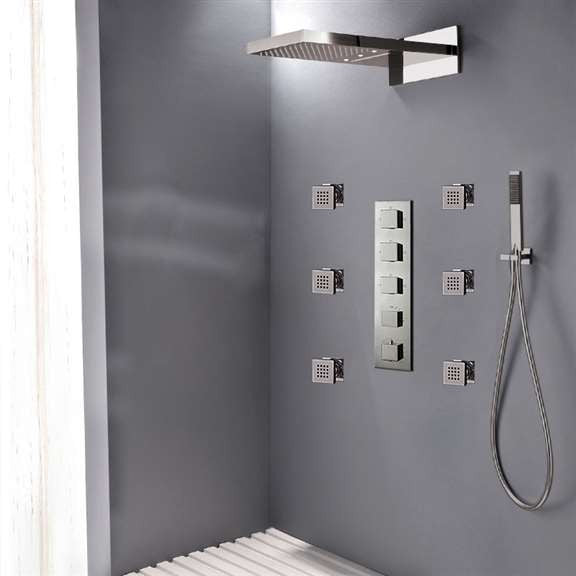 Fontana Mugla 22" Brushed Nickel LED Thermostatic Waterfall Rain Shower Head
