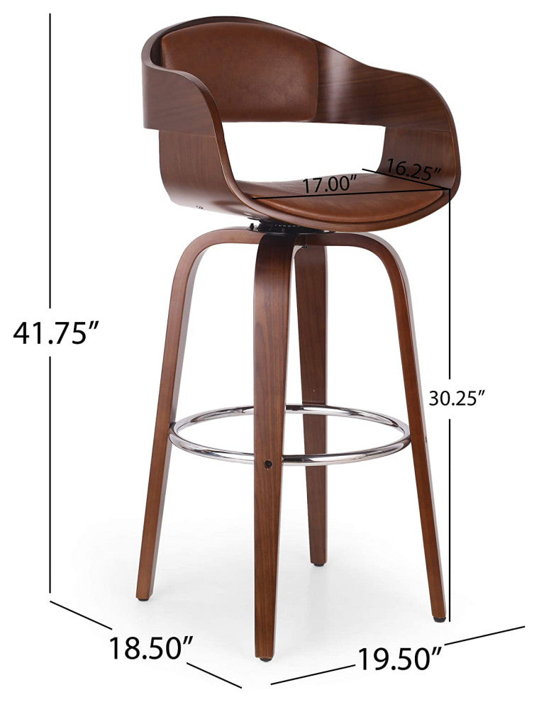 Midcentury Bar Stool, Curved Bentwood Frame and Faux Leather Seat, Cognac Brown