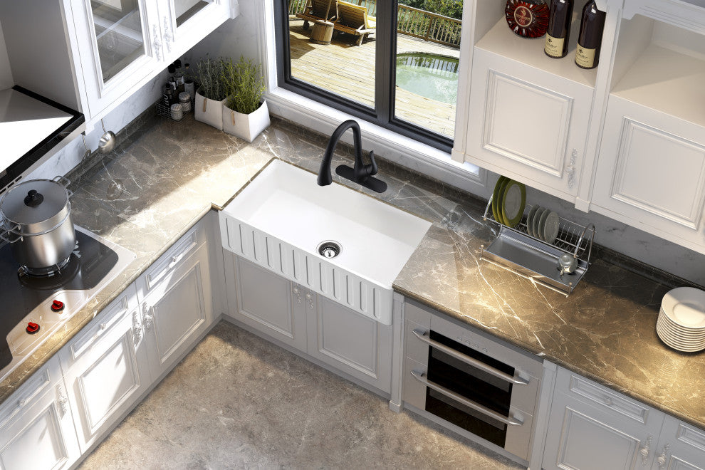 Roine Apron Front Man Made Stone Single Bowl Kitchen Sink, White, 30"