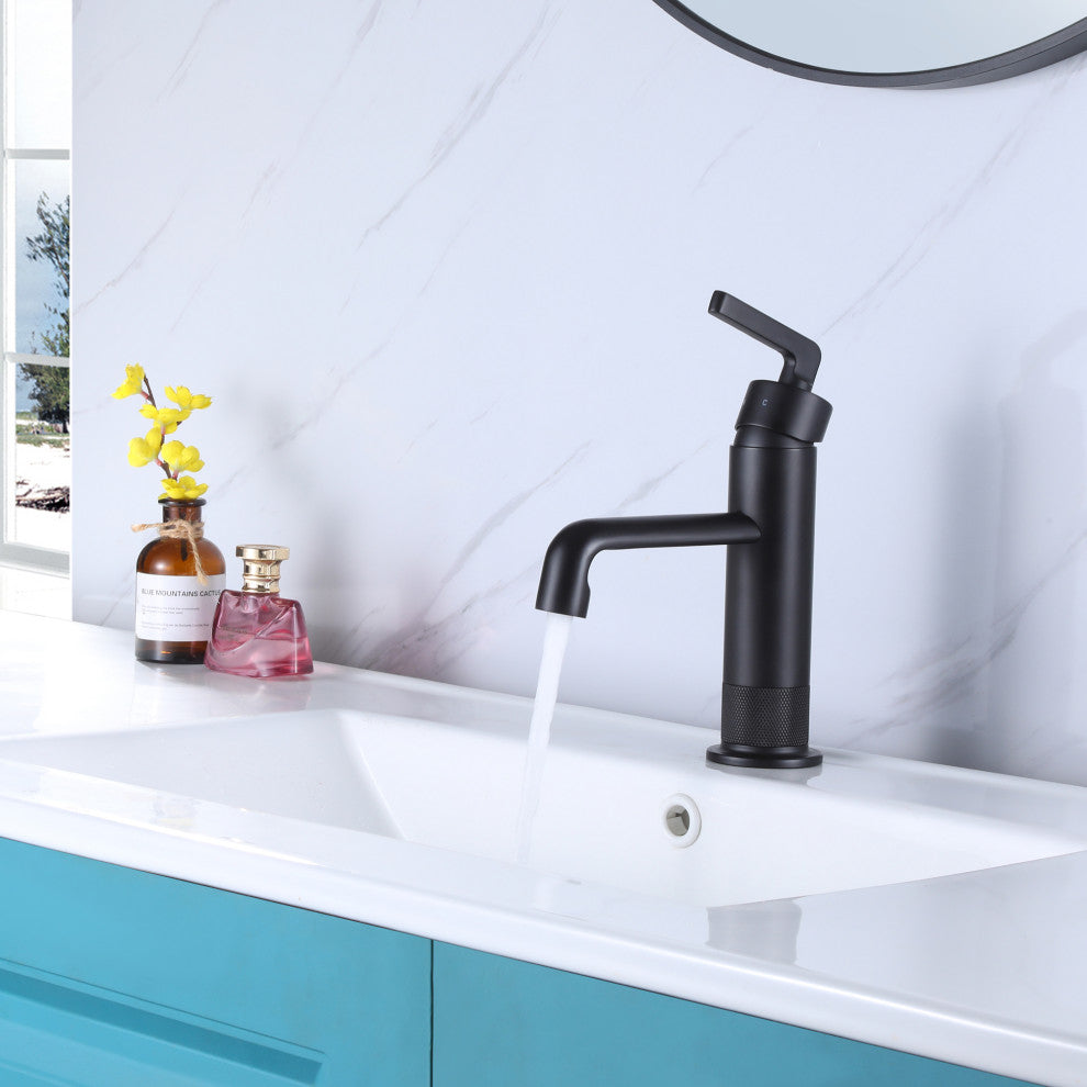 Deck Mounted Single Lever Handle Low-Arc Bathroom Vessel Faucet, Matte Black