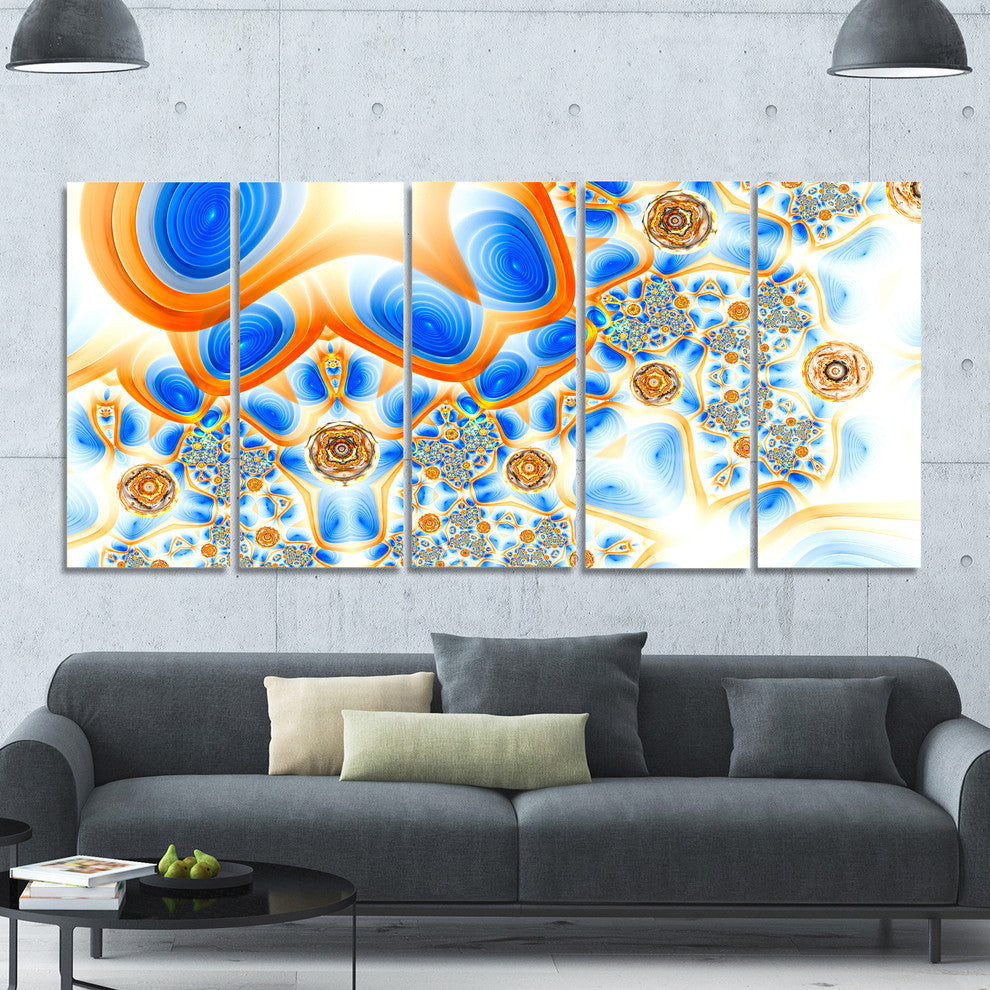 Yellow Blue Exotic Pattern, Abstract Wall Art Canvas, 60"x28", 5 Panels