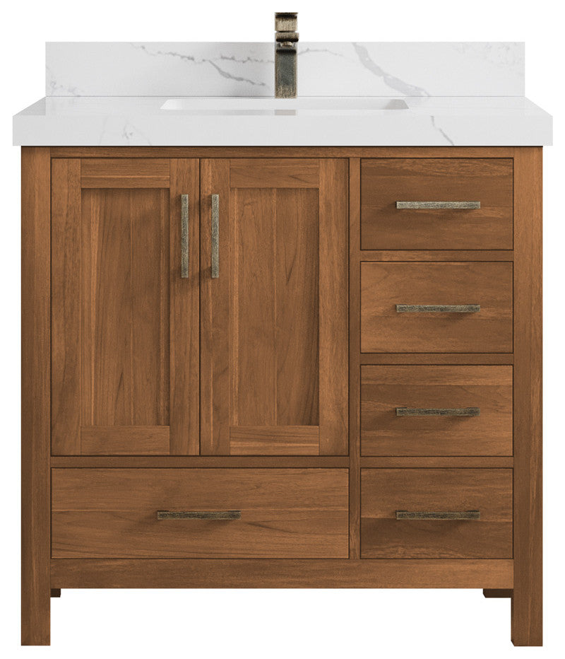 Malibu Teak 36 Center Sink Bath Vanity in Golden Teak  2" Calacatta Laza