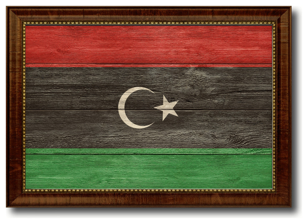 Libya Country Textured Flag Print With Brown Gold Frame, 15"X21"