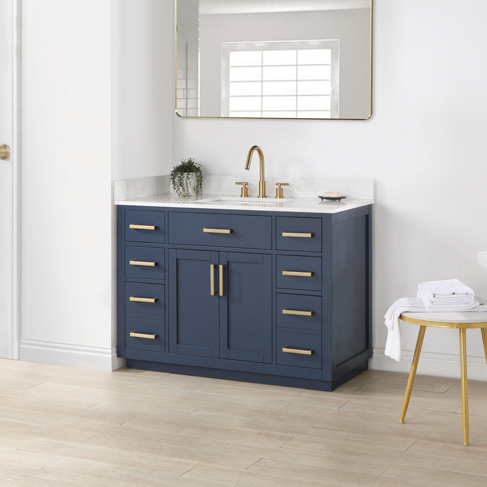Gavino Vanity With Grain White Composite Stone Top, Royal Blue/Brushed Gold, 48", No Mirror