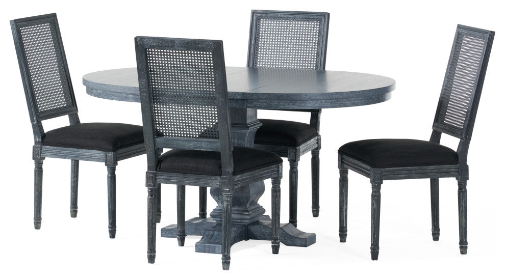 Brownell French Country Wood and Cane 5-Piece Expandable Oval Dining Set, Black/Gray/Gray