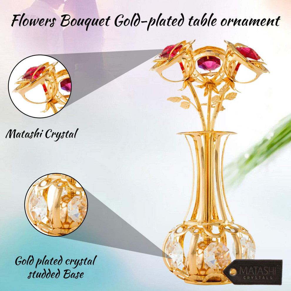 24k Gold Plated Flowers Bouquet and Vase w Red and Clear Crystals Home Decor