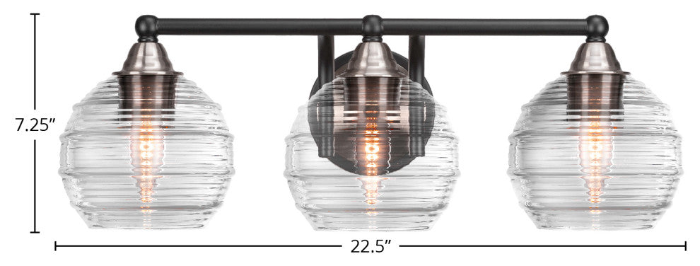 Paramount 3-Light Bath Bar, Matte Black & Brushed Nickel, 6" Clear Ribbed Glass