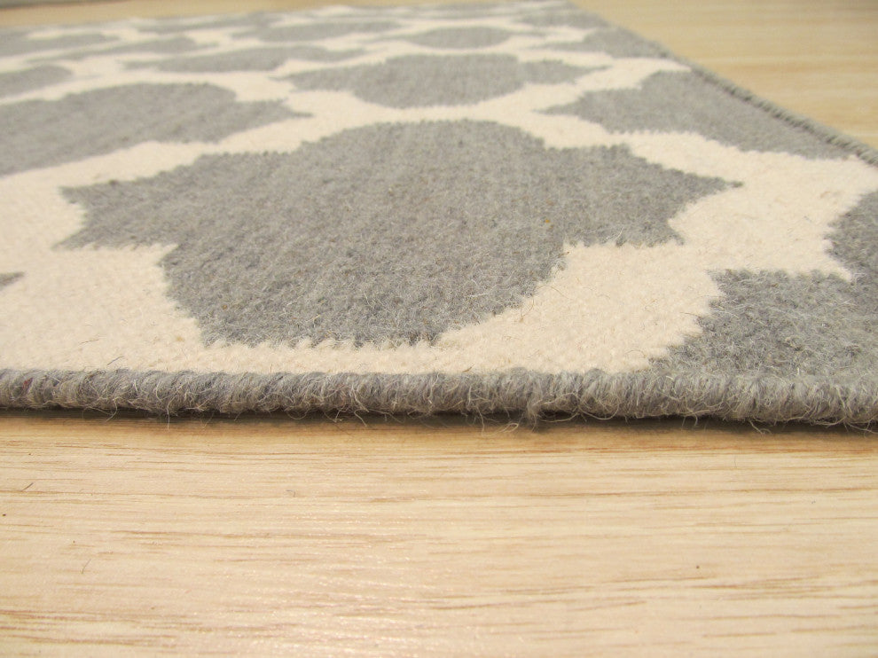 Handmade Wool Gray Contemporary Trellis Flatweave Reversible Moroccan Rug, 10'x14'