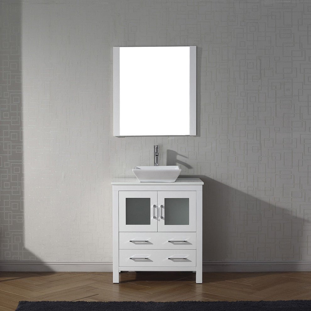 Virtu Dior 30" Single Bathroom Vanity, White With White Top, Faucet and Mirror