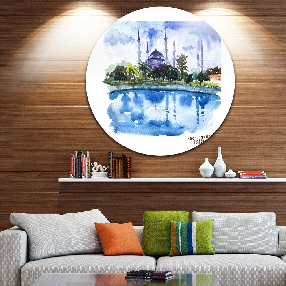 Istanbul Hand-Drawn Illustration, Cityscape Round Metal Wall Art, 23"