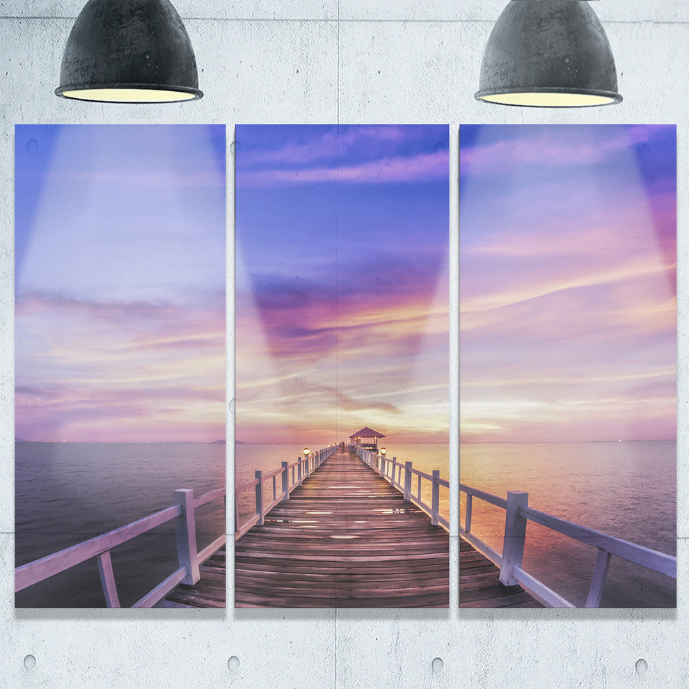 "Wooden Bridge Under Purple Sky" Metal Wall Art, 3 Panels, 36"x28"
