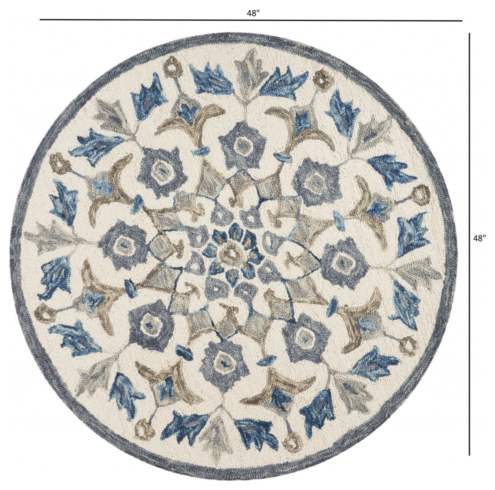 4' Round Blue Floral Oasis Area Rug