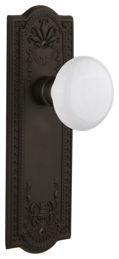 Meadows Plate Privacy White Porcelain Knob, Oil-Rubbed Bronze