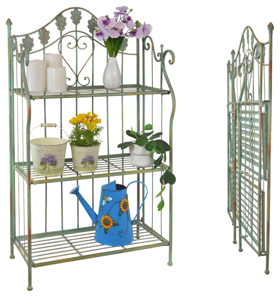 41" Folding Metal Shelf, Baker's Rack With Scrolling Heart and Peacock Tail Mot