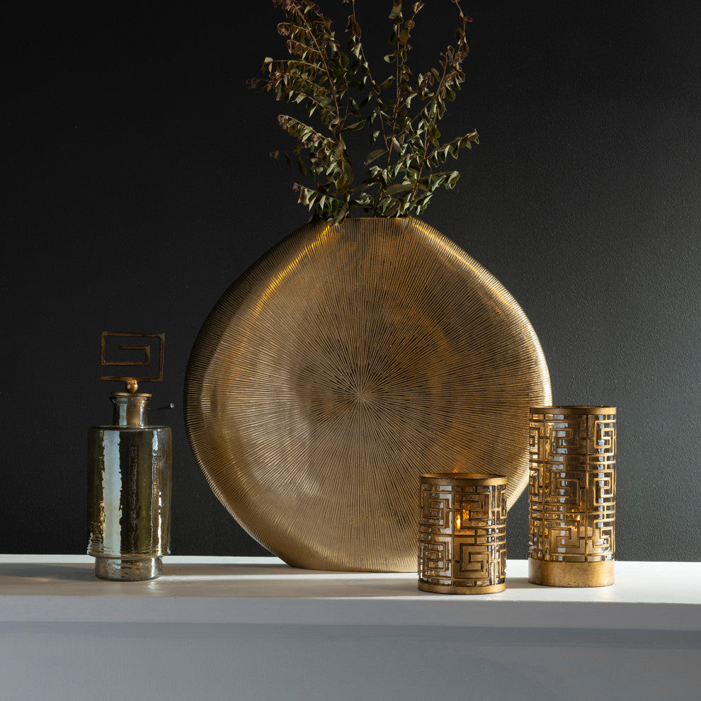 Luxe Large Flat Ribbed Disk Gold Silver Vase, Mid Century Modern Round Oval