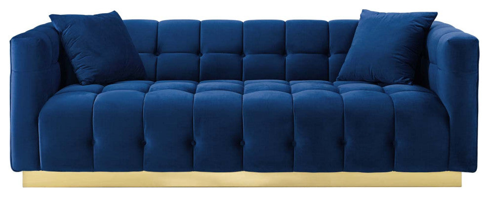 Modern Designer Lounge Lobby Sofa, Velvet Fabric Metal Steel, Navy Blue