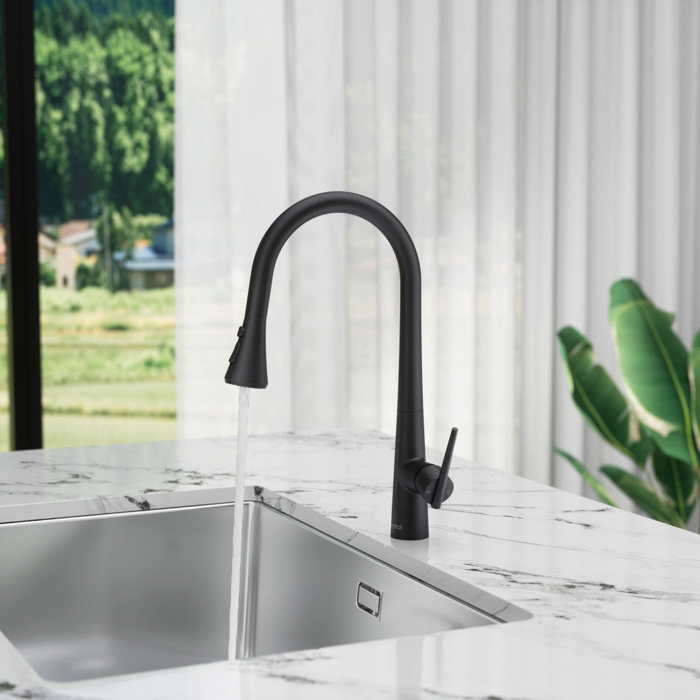 Single Handle Deck Mounted High Arc Pull Down Brass Kitchen Faucet, Matte Black