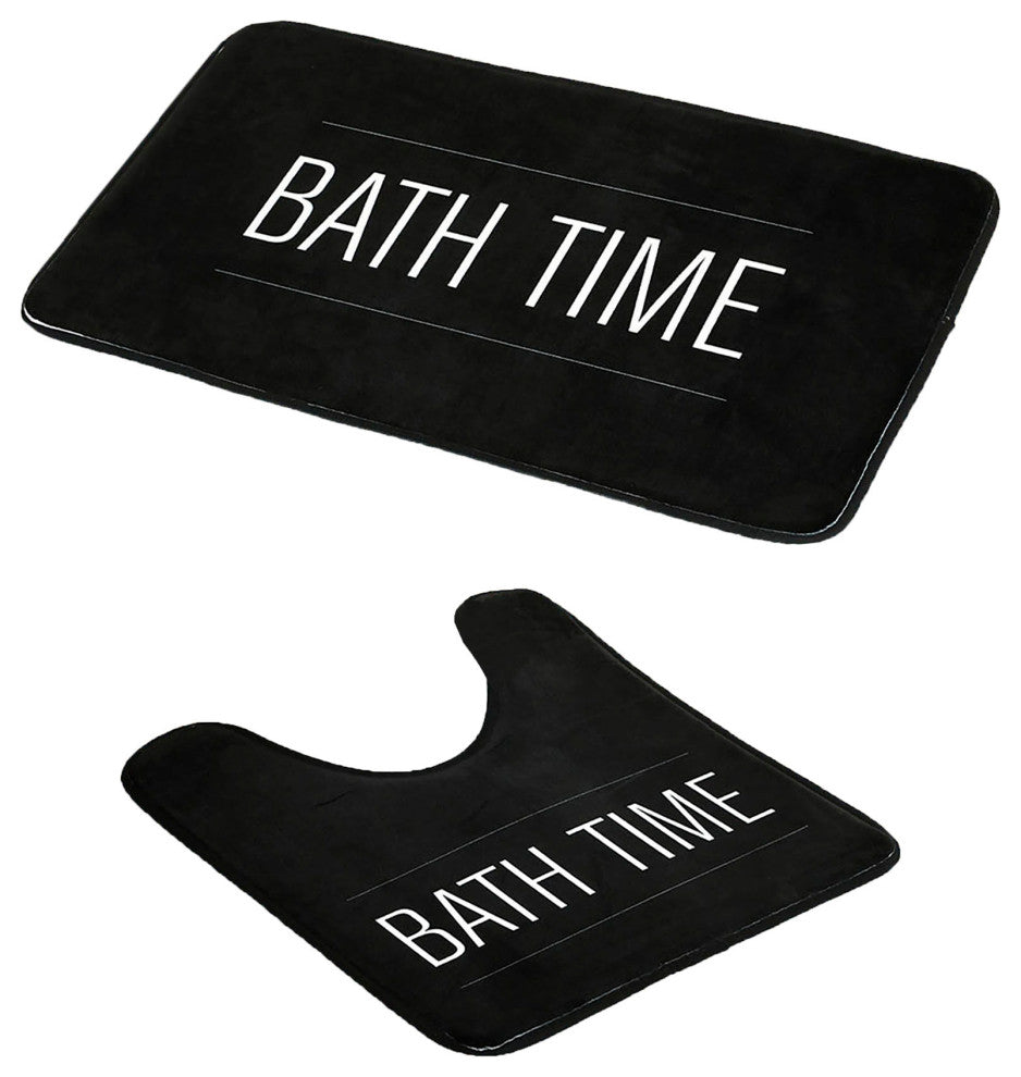 Bathroom Accessories Bath Time Collection, Black, Set Bathmat and Contour Rug