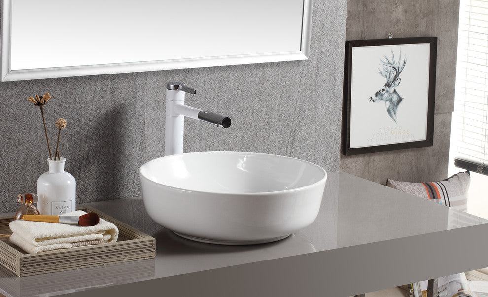 ELANTI EC1803 Porcelain Round Vessel Bathroom Sink, White