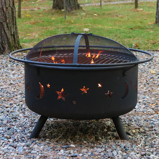 Sunnydaze Cosmic Fire Pit With Cooking Grill and Spark Screen, 30"