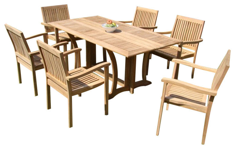 7-Piece Outdoor Teak Dining Set, 69" Table, 6 Leveb Stacking Arm Chairs