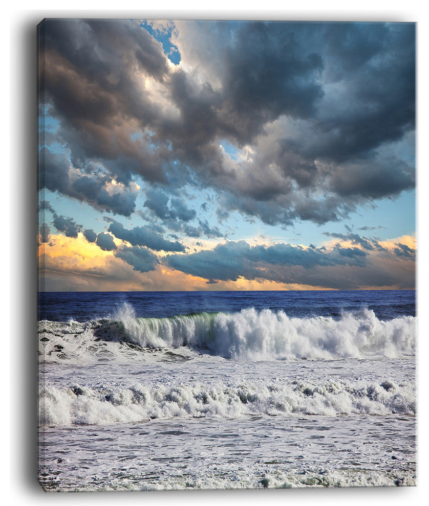 "Heavy Storm in Ocean At Sunset" Modern Beach Canvas Art Print, 12"x20"