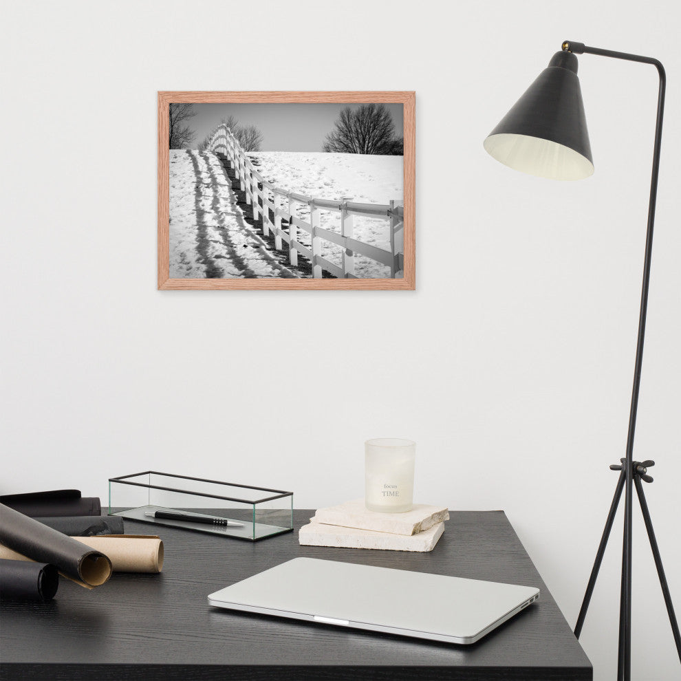 Endless Fences in Black & White Rural Landscape Framed Photo Paper Art Prints, Red Oak, 12" X 16"