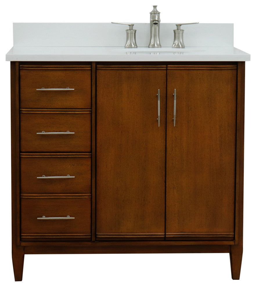 37" Single Vanity, Walnut Finish With White Engineered Stone Top