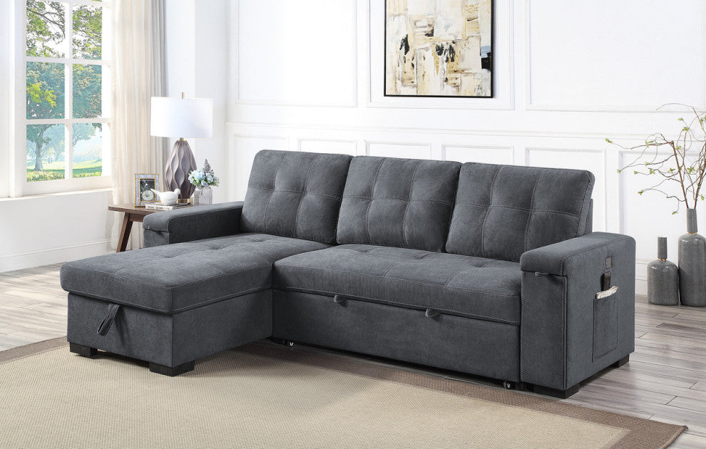 Toby Woven Fabric Reversible Sleeper Sectional With Storage, Cupholder, Gray