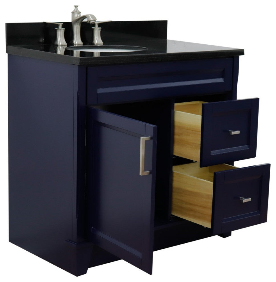 37" Single Sink Vanity, Blue Finish With Black Galaxy Granite