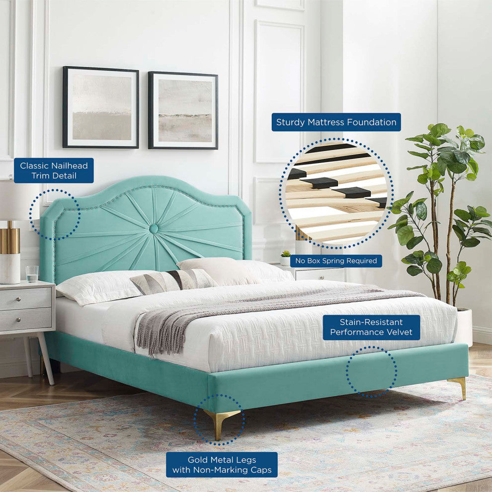 Platform Bed Frame, King Size, Velvet, Blue, Modern Contemporary, Bedroom Master