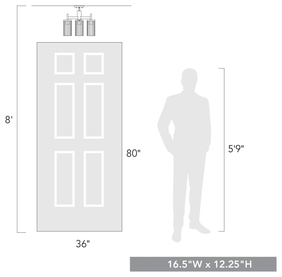 Winslett 3 Light Semi-Flush, Matte Black With Ribbed Clear Glass