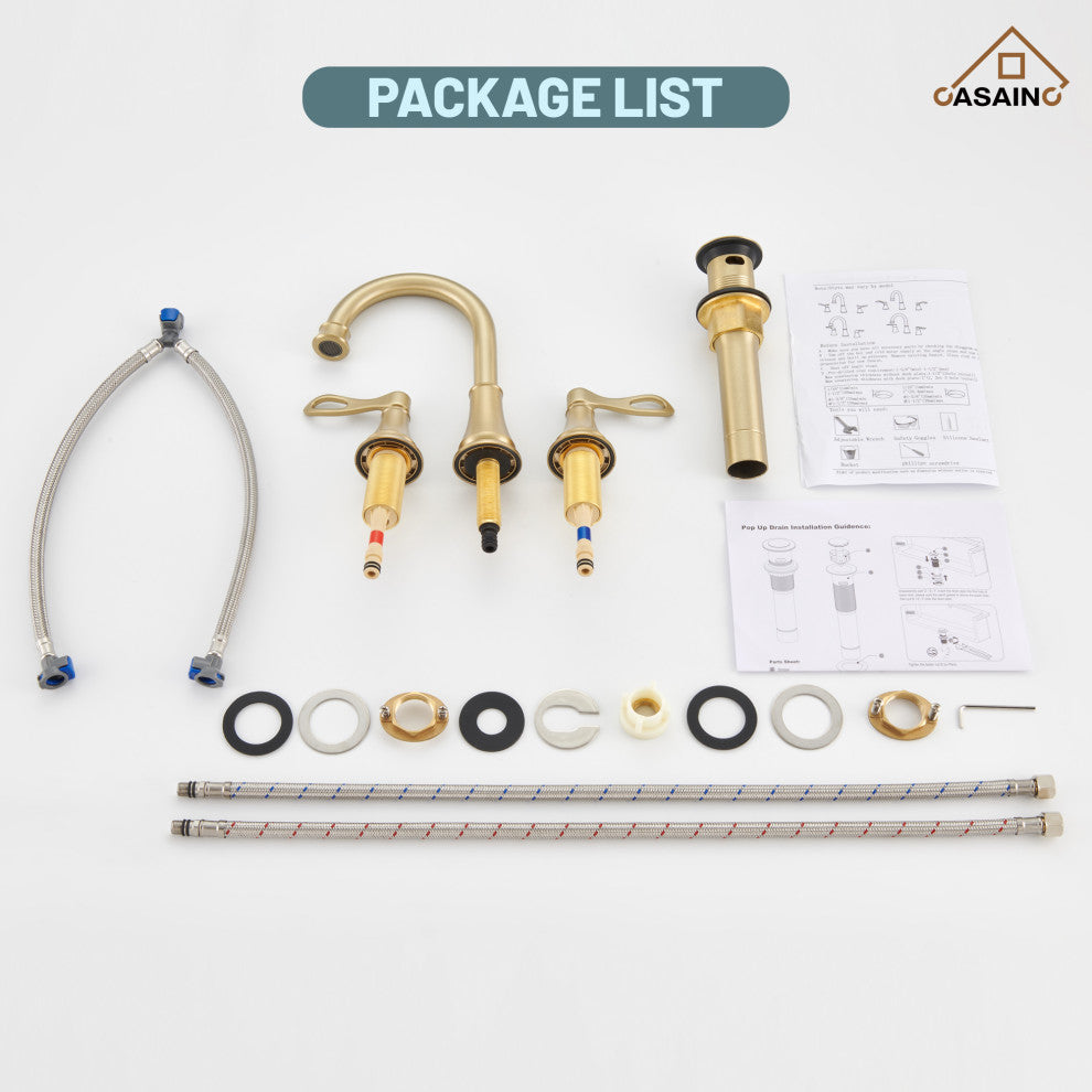 8in Brass Bathroom Sink Faucet 3 Hole Gold Bathroom Faucet 2 Handle Gold Faucet, Brushed Gold