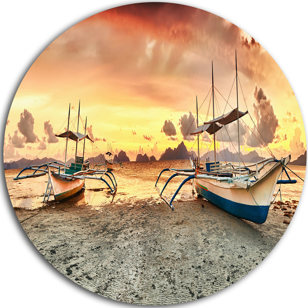 Boats At Sunset, Seashore Photography Round Wall Art, 11"