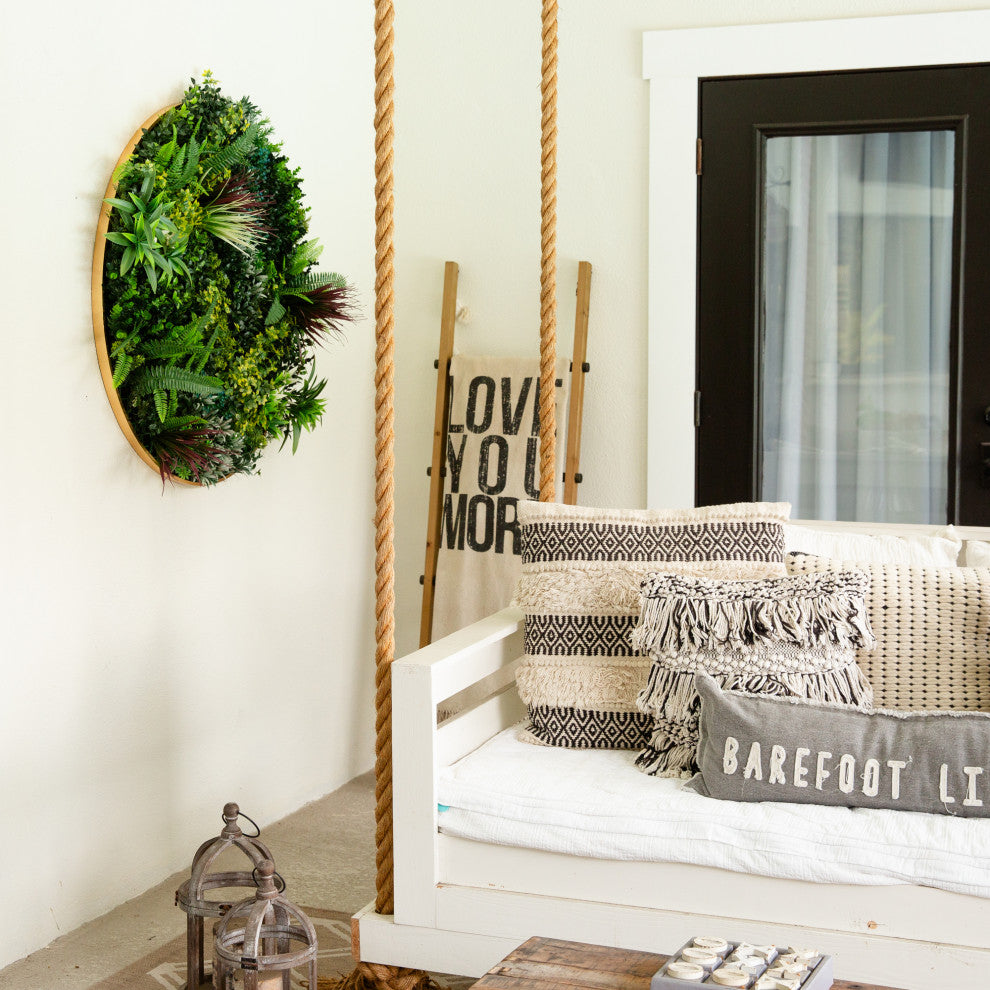 Lifestyle shot showing the product in a real room with furniture; full circular panel visible.