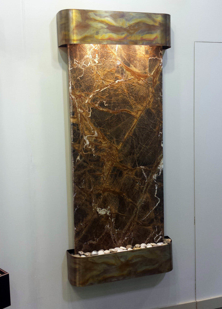 Inspiration Falls Water Fountain, Brown Marble, Rustic Copper, Round