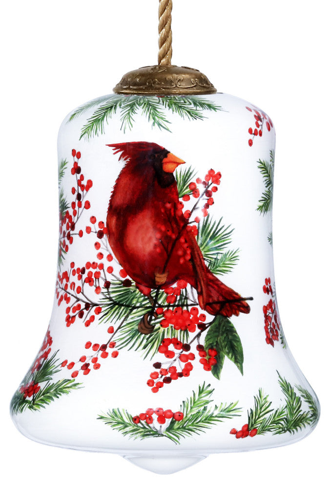 Cardinal Perched on Winter Berries Hand Painted Mouth Blown Glass Ornament