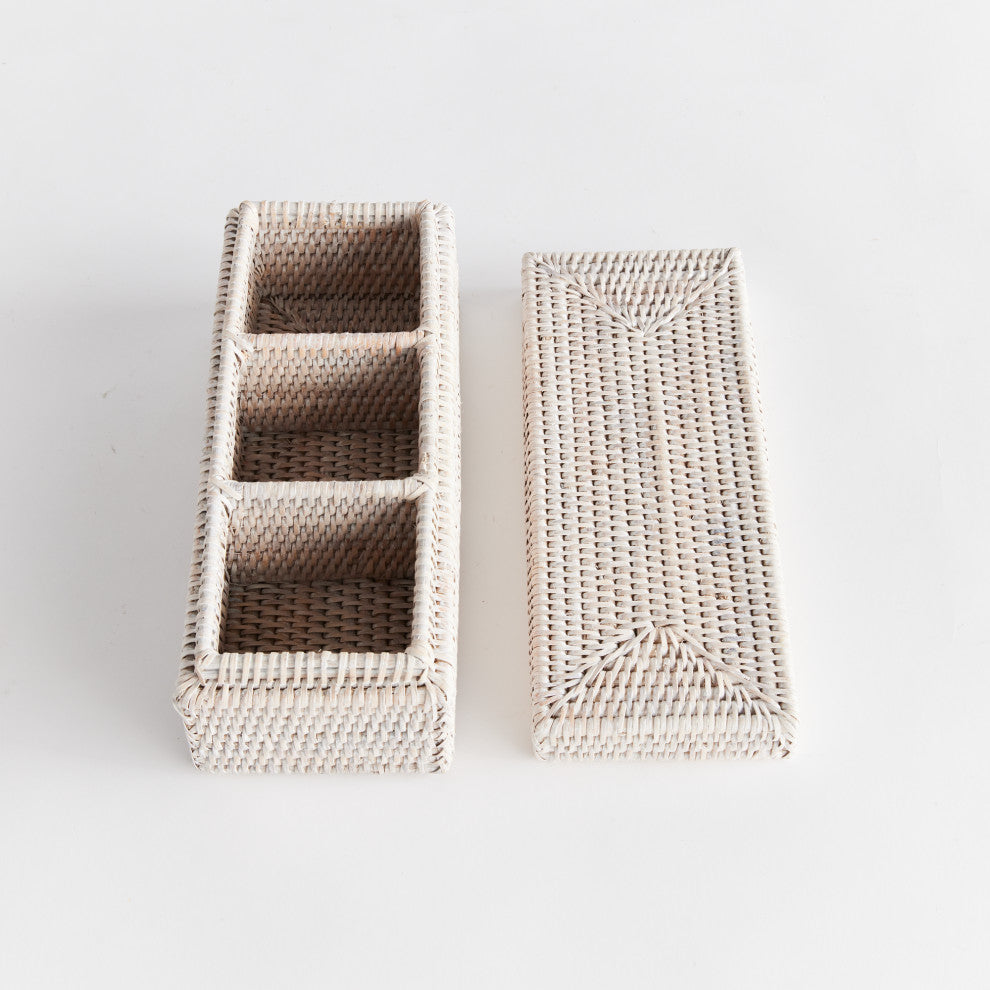 Burma Rattan 3-Compartment Lidded Box, Whitewash